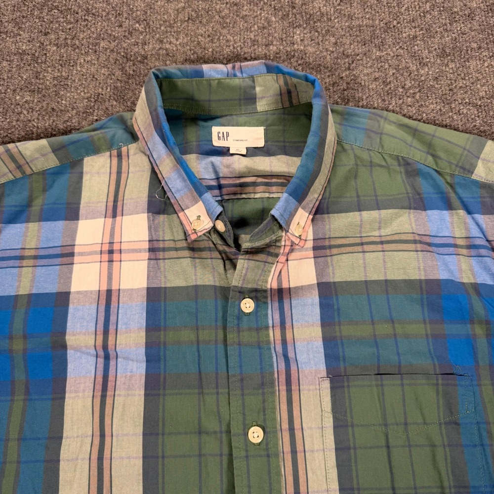 Gap Mens XL Short Sleeve Poplin Button Down Plaid Shirt Green Blue #4151